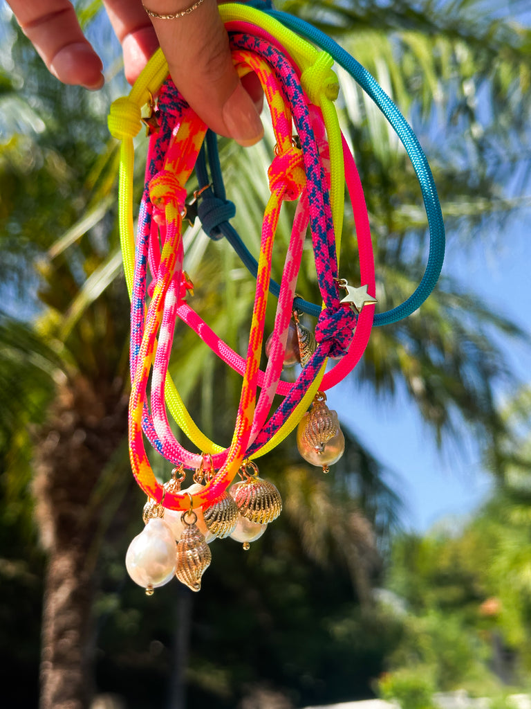 Paracord Neon Anklet with Pearl, Seashell, and Star Charms