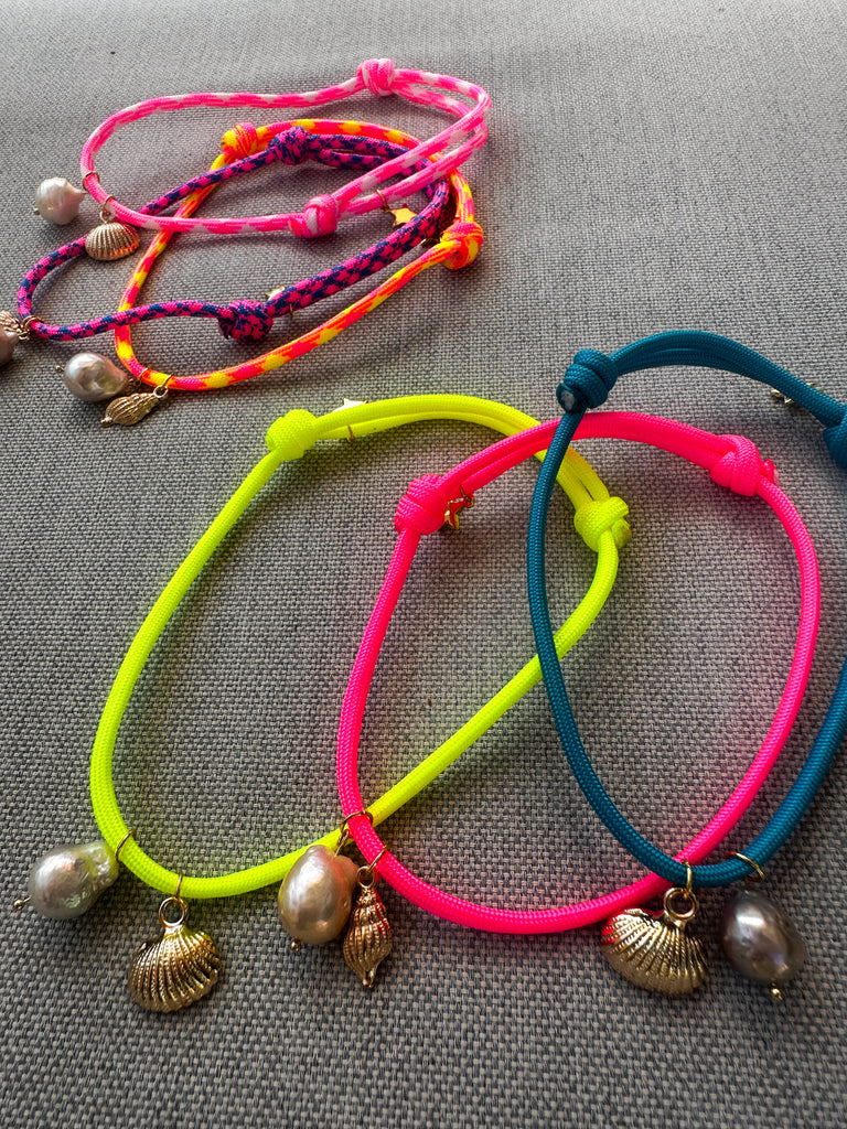 Paracord Neon Anklet with Pearl, Seashell, and Star Charms