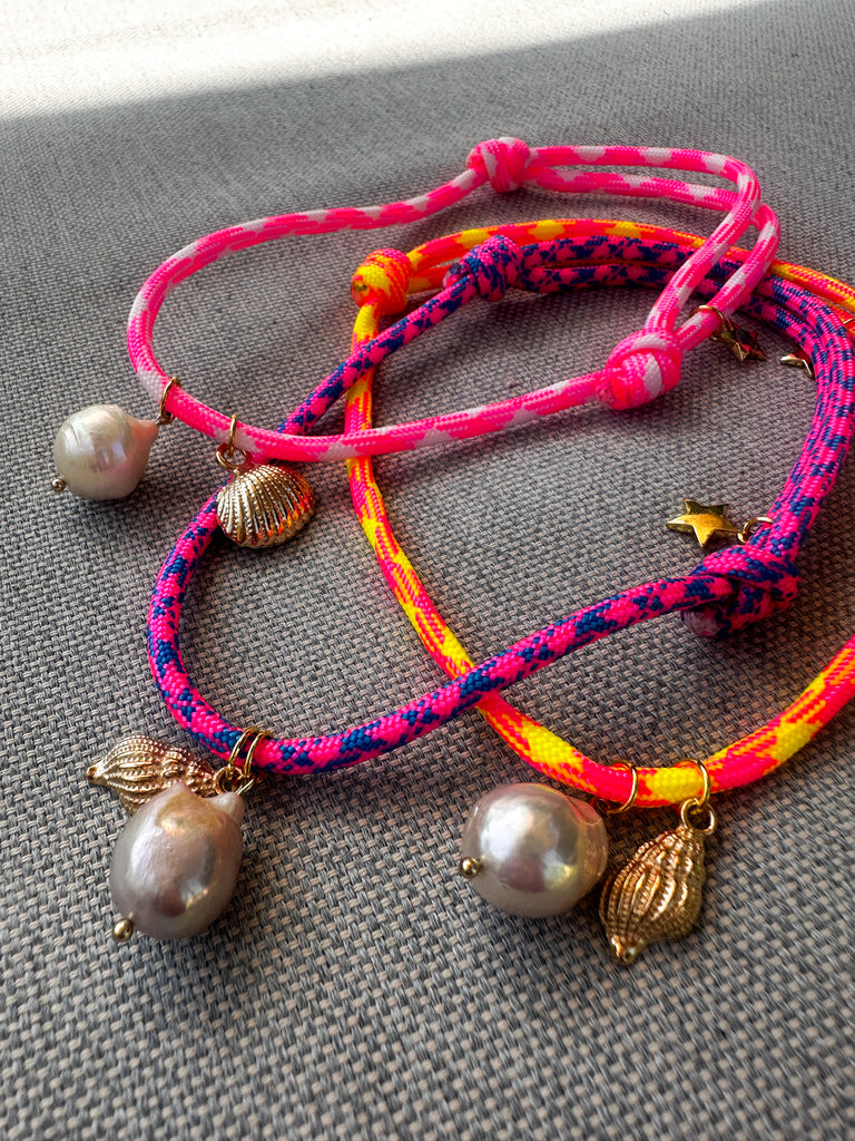 Paracord Neon Anklet with Pearl, Seashell, and Star Charms