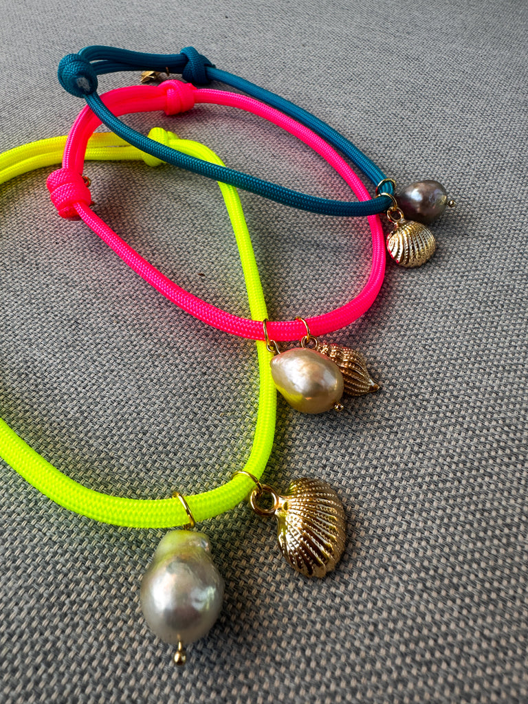 Paracord Neon Anklet with Pearl, Seashell, and Star Charms