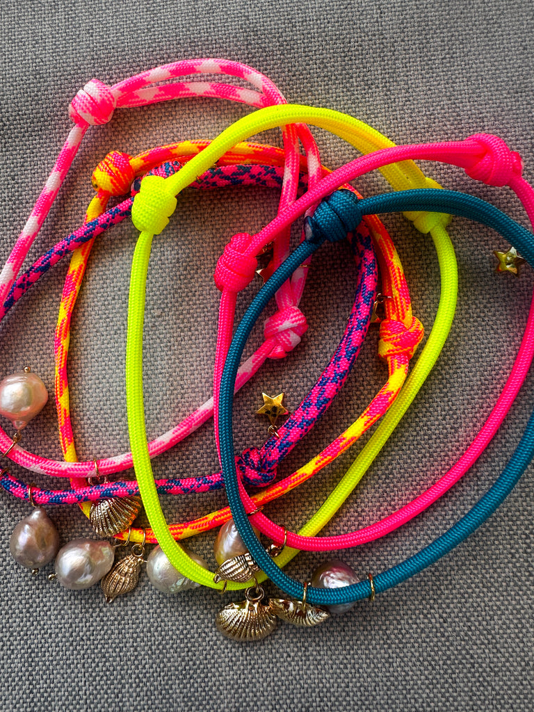 Paracord Neon Anklet with Pearl, Seashell, and Star Charms