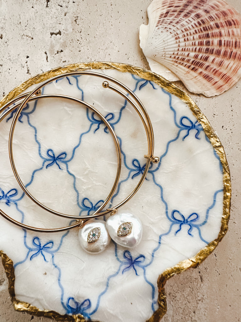 Gold Plated Adjustable Bracelet with Pearl Lucky Eye Charm