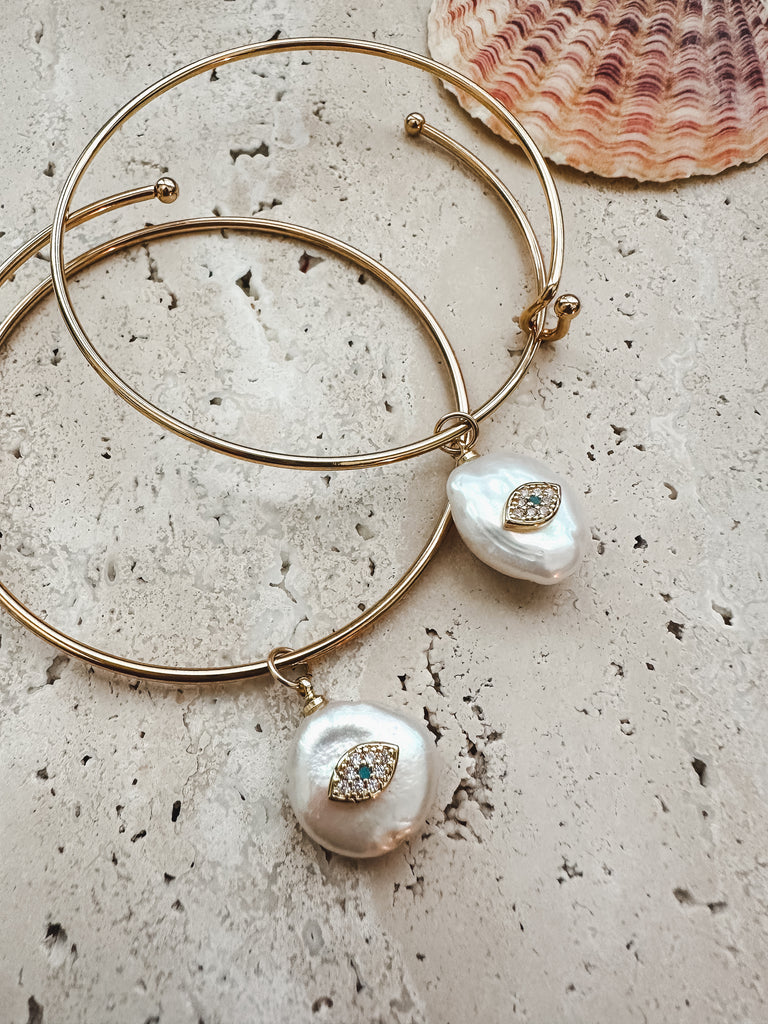 Gold Plated Adjustable Bracelet with Pearl Lucky Eye Charm