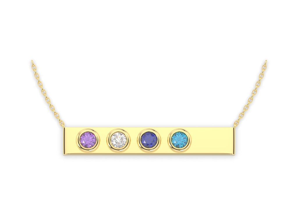 The 4 stone bar necklace holds 4 birthstones. Image has Pink Tourmaline, Diamond, Amethyst, and Blue Topaz.