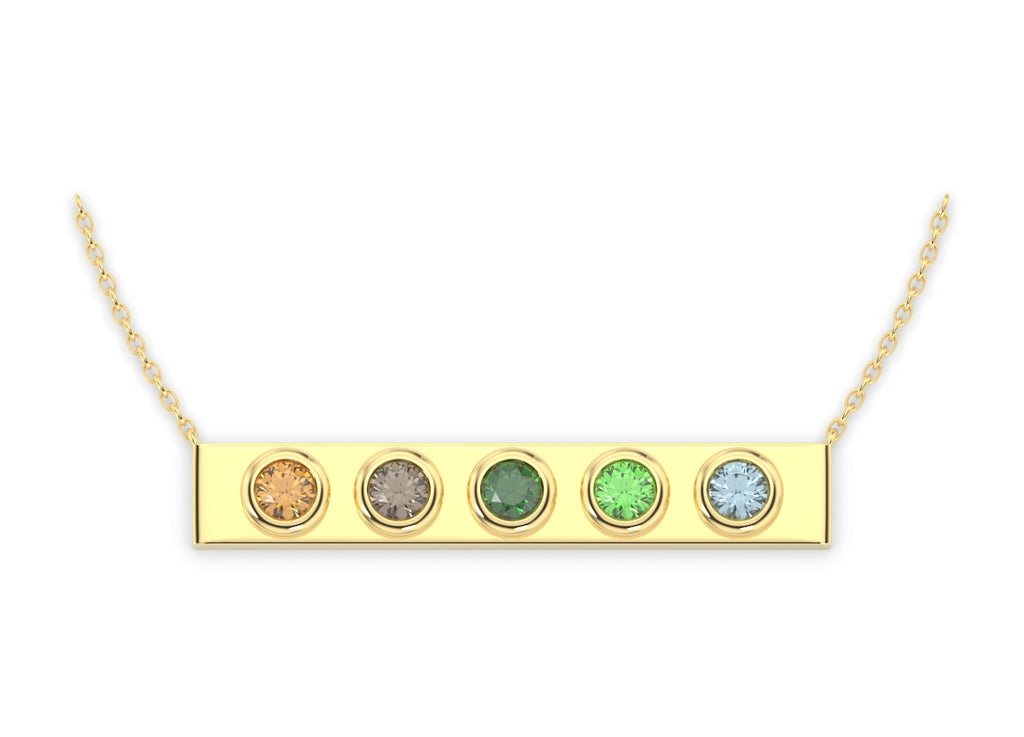 The 5 stone bar necklace shown here in yellow gold and 5 birthstones. Citrine, Smoky Quartz, Emerald, Peridot and Aquamarine.