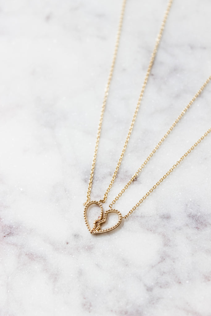 A minimal and grown up way to wear a BFF charm! This is a 2 piece necklace meant to be worn with your most favorite person! The beaded outline gives it a little touch of whimsy.  Details:   Shown in 14K Yellow Gold. Offered in 14K Yellow Gold, 14K Rose Gold, and 14K White Gold.