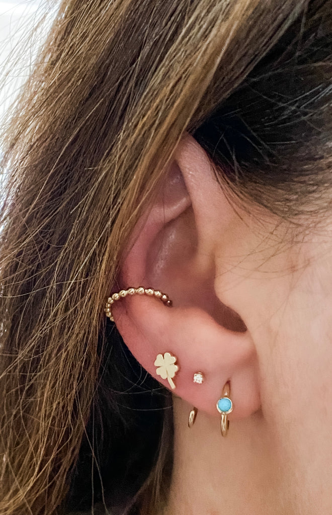 Stack your ears with our earrings. Shown here with Clover, Arya, and the Turquoise Heather Earrings. 