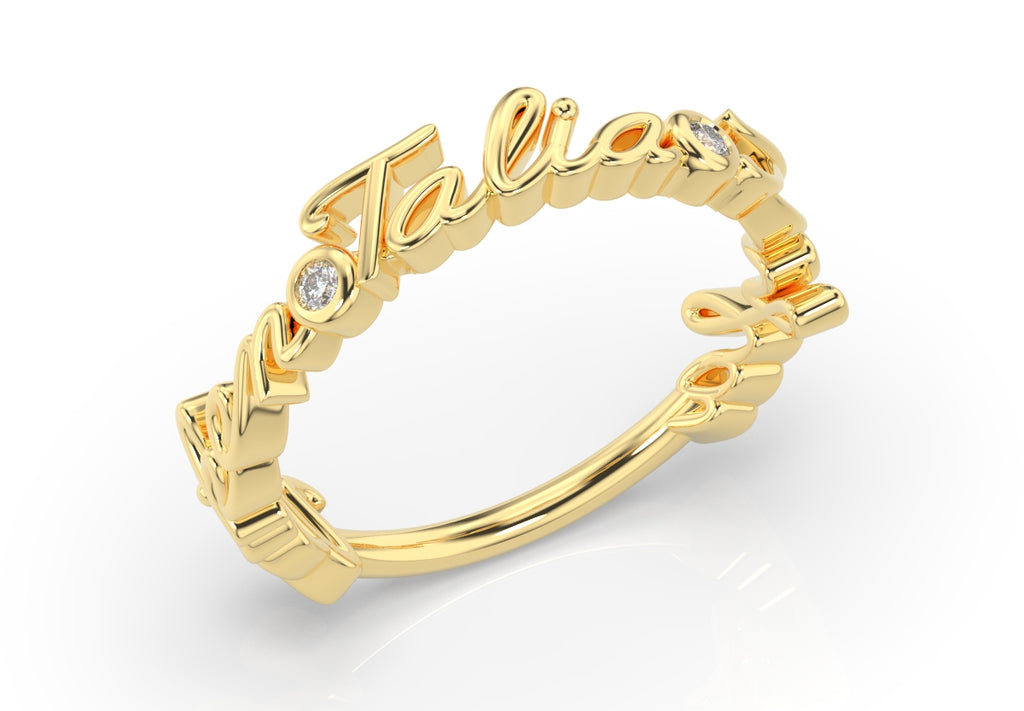 Three names on the Name Ring. Each name is separated by a diamond. 14k Yellow Gold