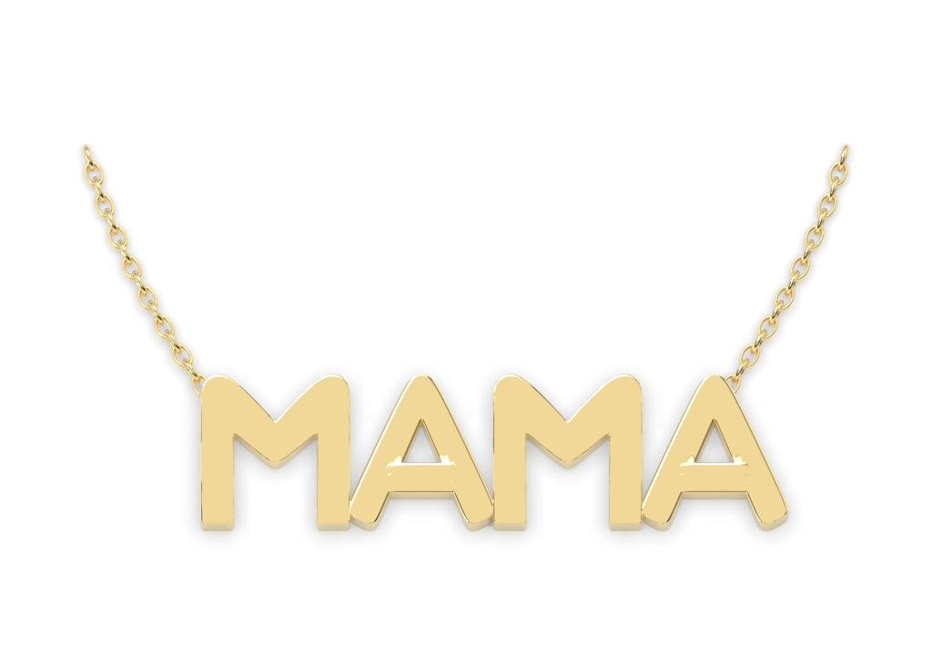 Frontal view of solid gold  Mama Necklace in 14K Yellow Gold.