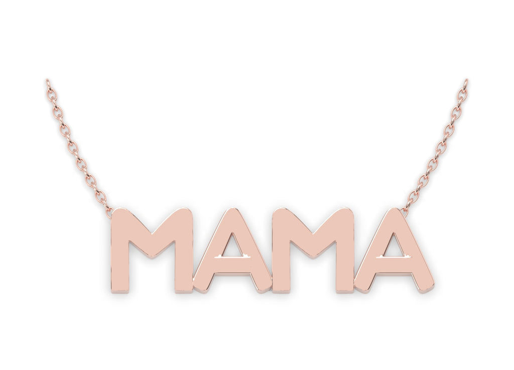 Frontal view of solid gold mama necklace in 14K Rose Gold.