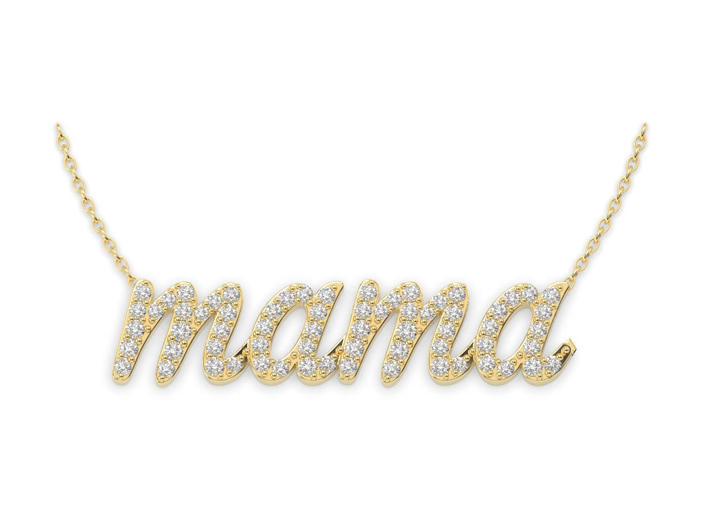 The cursive mama necklace comes with diamonds outlining the letters.