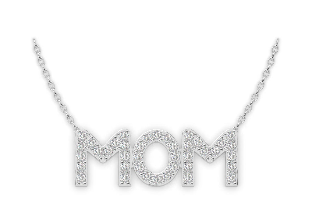 Frontal view of diamond mom necklace in 14K White Gold.