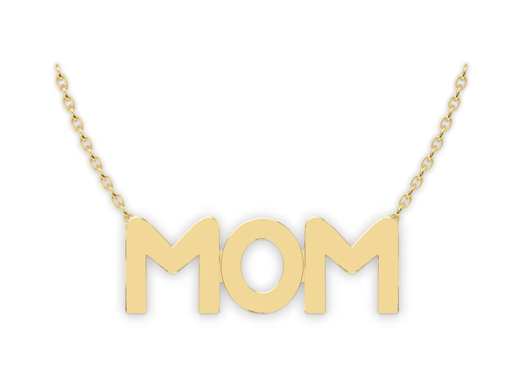 Frontal view of mom necklace in 14K Yellow Gold.