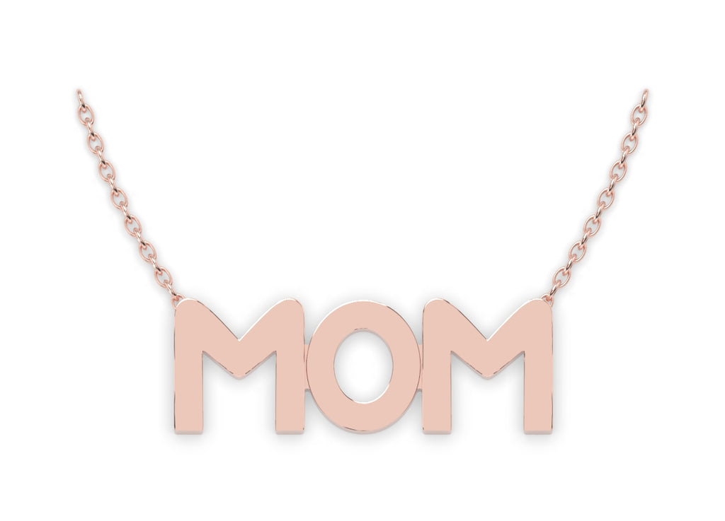 Frontal view of Mom necklace in 14K Rose Gold.