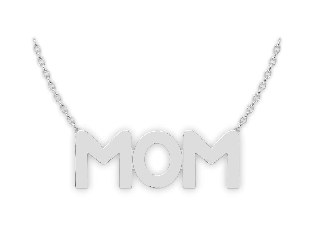 Frontal view of solid gold mom necklace in 14K White Gold.