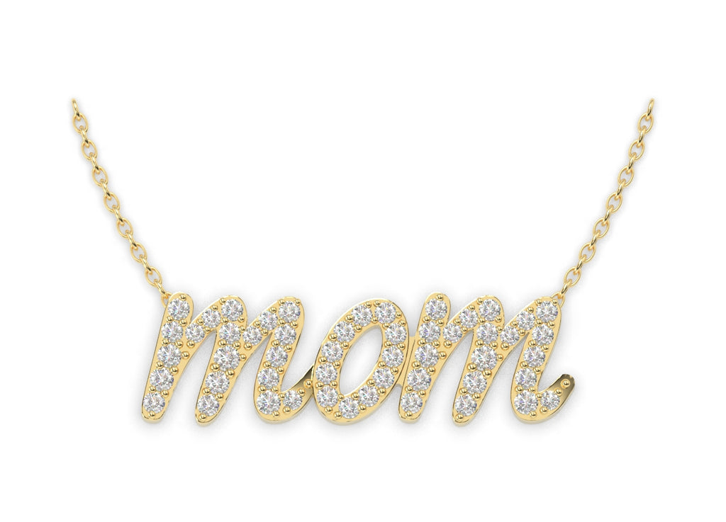 The frontal view of the mom necklace with diamonds shown in 14K Yellow Gold.